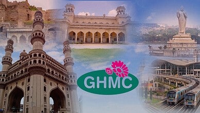 GHMC logo with Hyderabad landmarks including Charminar and metro station.