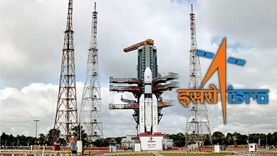 ISRO launch site with rocket, antennas, and cloudy sky, symbolising space missions and technological ende.