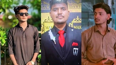 Three young men in different settings, one in sunglasses, one in a suit, and one in casual attire.