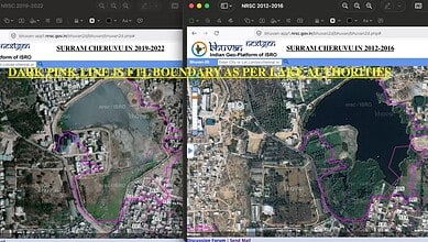 Comparison of Surrram Chervu satellite images from 2012 and 2022 showing boundary changes.