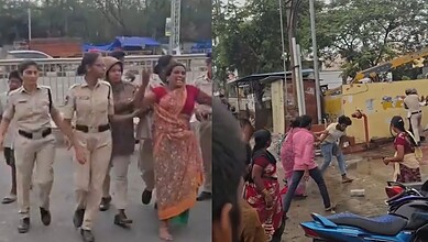 Women protesting outside a hospital after a family planning surgery incident in Hyderabad.
