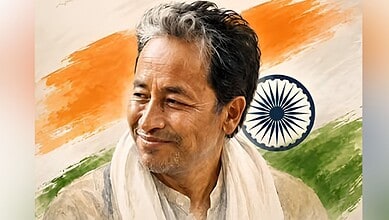 Sonam Wangchuk smiling with Indian flag colors in the background.