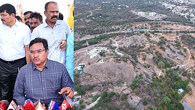 HYDRAA Commissioner AV Ranganath (left), Aerial view of Lothkunta land (right)