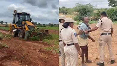 The image shows police and revenue officials ploughing the land of the farmers in Yacharam mandal to take position for Bharat Future City in an undated video.