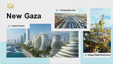 Gaza coastal tourism, transportation hub, and energy infrastructure images.