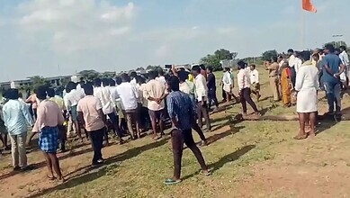 Large crowd gathered at the site of a clash between a church and temple in Karnataka.