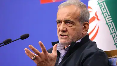 Iranian President Masoud Pezeshkian speaks during an event in Tehran.