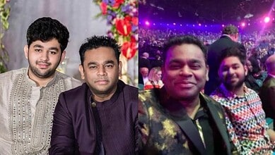 Three men at a celebration event, with one in traditional attire and others in casual wear, in a festive,.