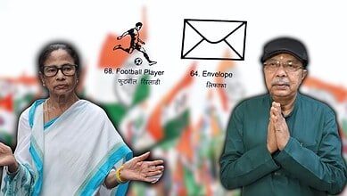 Political leaders with symbols of football player and envelope in the background.