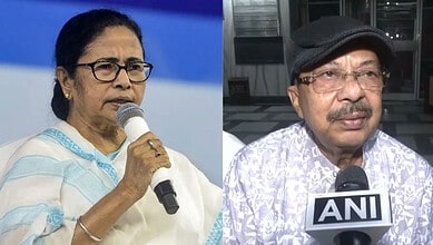 Mamata Banerjee and Sharad Pawar speaking at a public event with microphones.