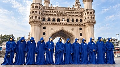 Group of people in blue robes and masks standing in front of Charminar, Hyderabad.