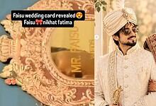 Mr Faisu's wedding card reveals bride's name and nikah date, traditional attire, and ornate decor.