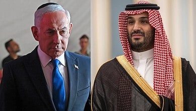Israeli Prime Minister Benjamin Netanyahu and Saudi official in a diplomatic meeting.