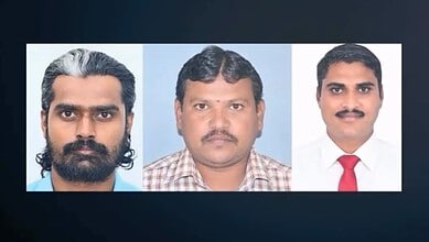 Three Telangana men with serious expressions, facing forward in a formal setting.