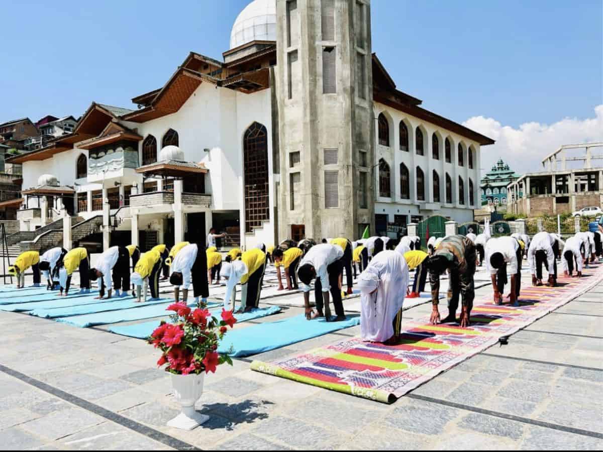 International Yoga Day event on the lawns of a revered shrine in Budgam district