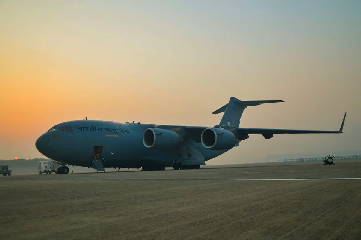 **EDS: IMAGE VIA @IAF_MCC ON SUNDAY, OCT. 22, 2023** New Delhi: An IAF C-17 flight carrying medical aid and disaster relief material for the people of Palestine before departing for El-Arish airport in Egypt. (PTI Photo)(PTI10_22_2023_000121B)