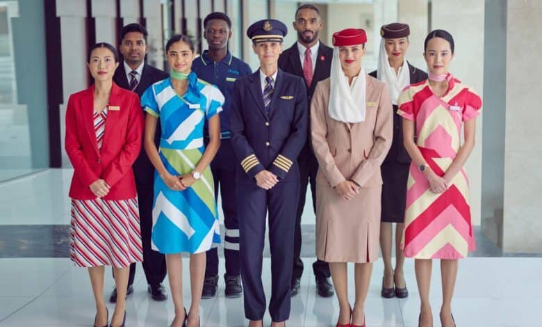A group of Emirates airline staff in diverse uniforms standing together in a modern indoor setting.