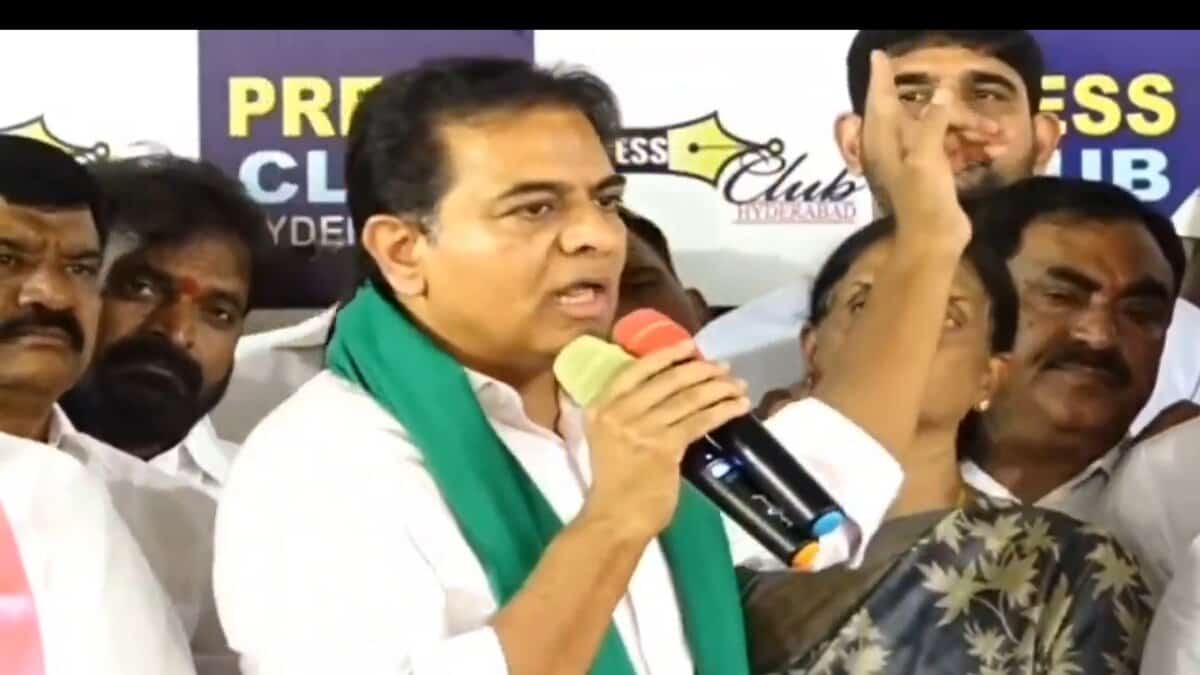 KTR addresses a meeting at the Hyderabad Press Club
