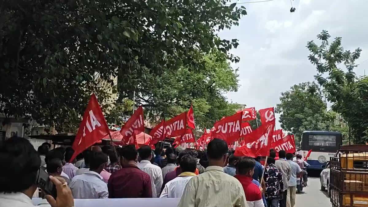 The image shows trade unions holding a rally in Hyderabad on the occasion of general strike observed on July 9, 2025.