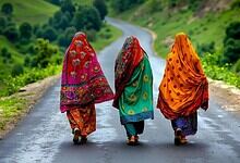 Women walking on a rural road in colourful traditional attire, green hills in the background.