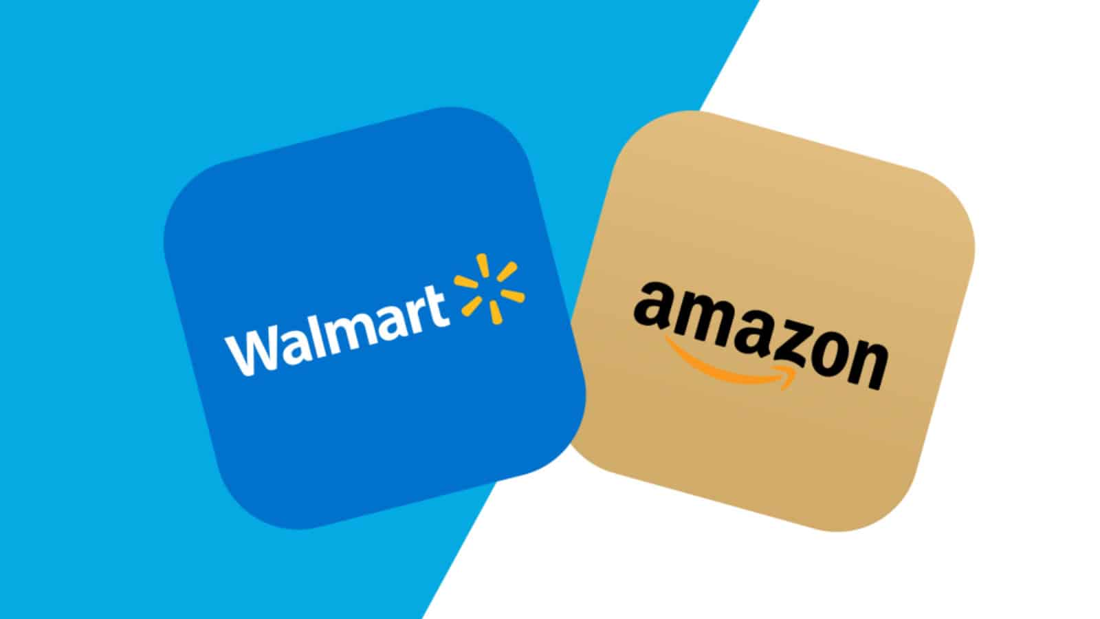 Walmart and Amazon app icons displayed on a vibrant background, representing online shopping platforms.