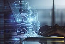 AI digital interface with human profile and data streams.