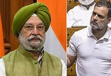 Hardeep Singh Puri in parliament during a discussion about Jeffrey Epstein.