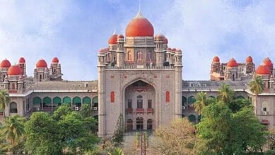 Telangana High Court with domed architecture and lush greenery.