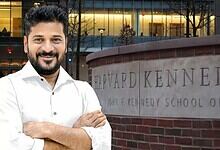 Telangana Chief Minister speaking at Harvard AI Policy Symposium, engaging in policy discussions.