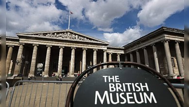 Exterior of the British Museum with classical architecture and columns.