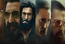 Main cast of Dhurandhar 2 with intense expressions, showcasing the film's dramatic theme.