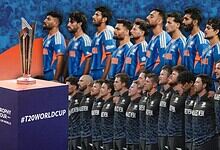 Indian cricket team players standing in a line before the T20 World Cup final.