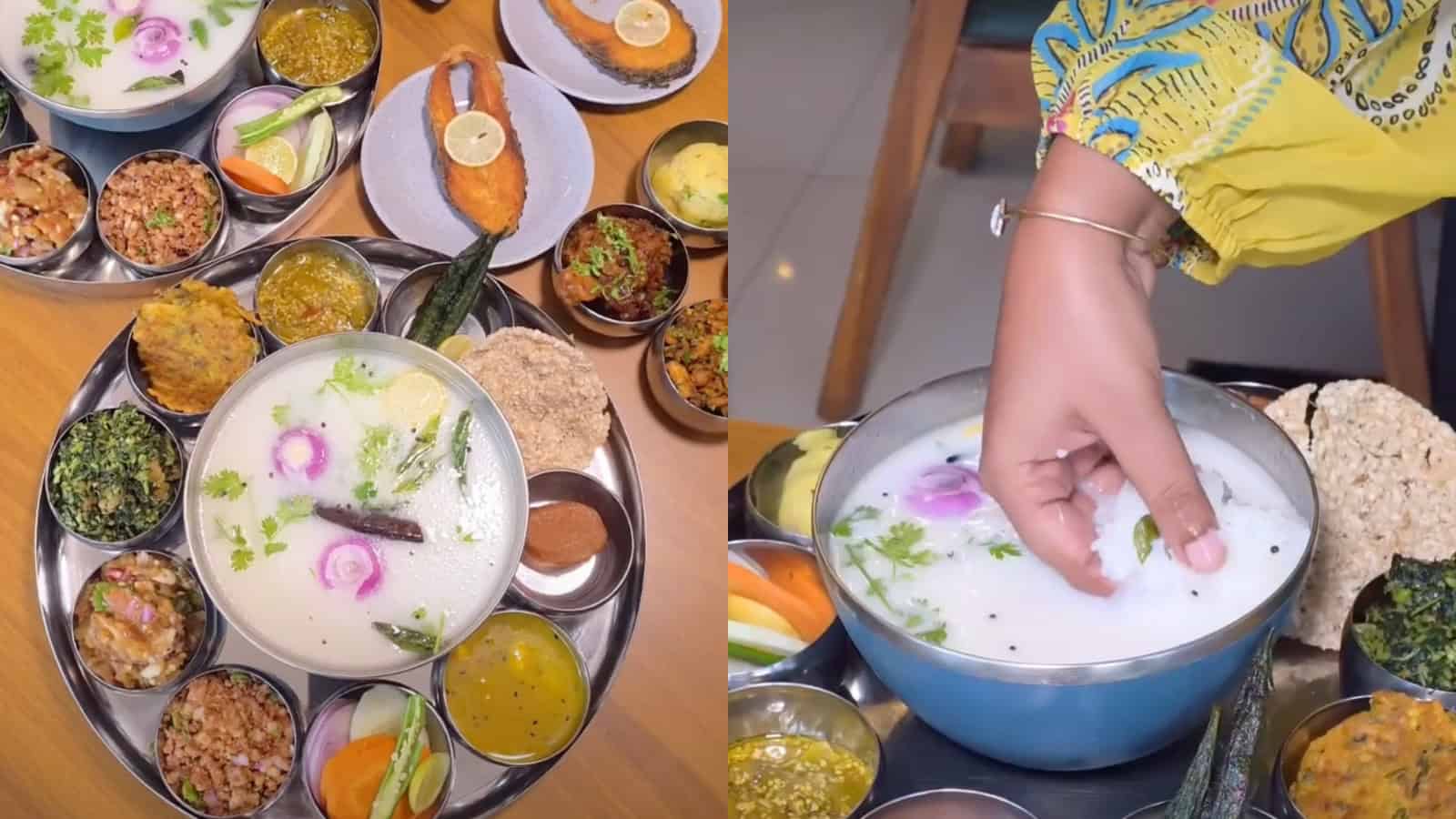 Traditional Pakhala Thali served with rice, vegetables, and curd in Hyderabad, perfect for a cooling summ.