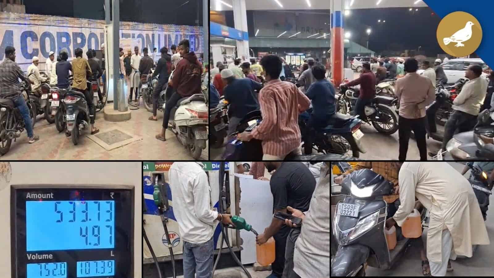 Petrol pumps in Hyderabad crowded with vehicles and people amid rumours causing heavy rush. Long queues f.