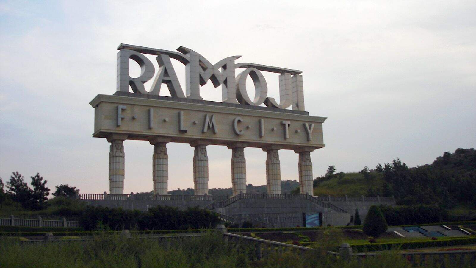 Iconic Ramoji Film City sign in Hyderabad, Telangana, India, showcasing the famous film studio and touris.
