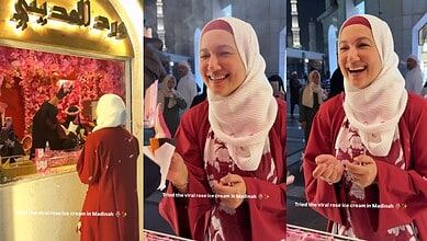 Gauahar Khan enjoying viral rose ice cream at a shop in Madinah, smiling and engaging with the camera.