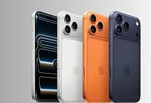 Four iPhone 17 Pro Max models in different colours showcasing their design and camera features.
