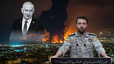 Image of a politician and a soldier during a crisis with smoke and cityscape background.