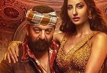 Sanjay Dutt and Nora Fatehi in vibrant costumes from 'Sarke Chunar' music video.