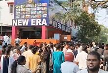 Students and parents gather outside Hyderabad school during Class 10 exams, highlighting exam day activit.