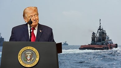 Donald Trump with a ship in the background
