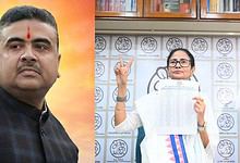 A political leader speaking at a campaign event, outdoors during sunset, with a serious expression.