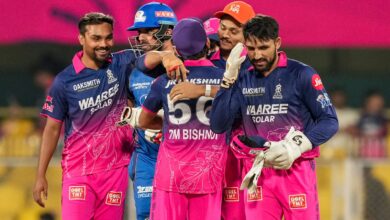 Rajasthan Royals' players celebrate their victory against Mumbai Indians during the IPL T20 match between Rajasthan Royals and Mumbai Indians, in Guwahati on Tuesday, April 7.