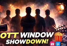 Group of five men on stage with bright lights, discussing OTT impact on South Indian films.