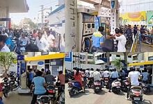 Long queues at Hyderabad petrol pumps amid fuel scarcity and panic buying. Crowds gather as pumps run dry.