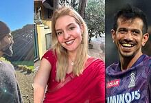 A collage of three images: Virat Kohli outdoors, LizLaz smiling in traditional attire, and Kohli in crick.