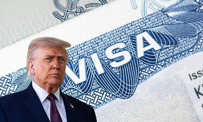 Close-up of a US visa with Donald Trump in front, highlighting the exclusive 'gold card' visa starting at.