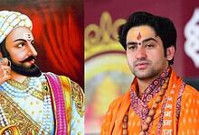 Portrait of Chhatrapati Shivaji and Dhirendra Shastri during a public event.