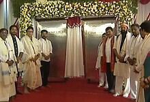 Revanth Reddy leading the bhumi poojan ceremony with officials and dignitaries.