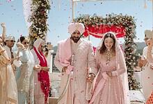 Actress Mehreen Pirzadaa in traditional Sikh wedding attire during her wedding celebration.